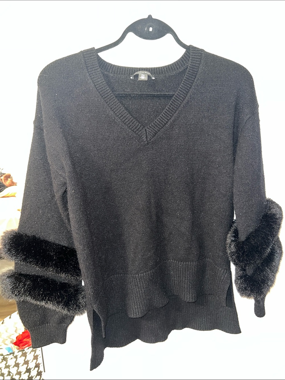 Saks Fifth Avenue Black V-Neck Sweater with Faux Fur Sleeve Bands